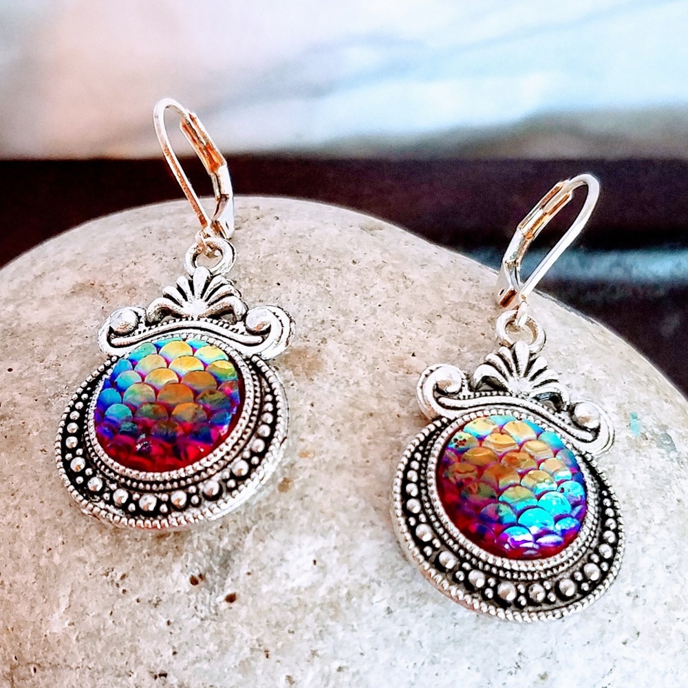 Nickel-free Red Mermaid Scale Earrings